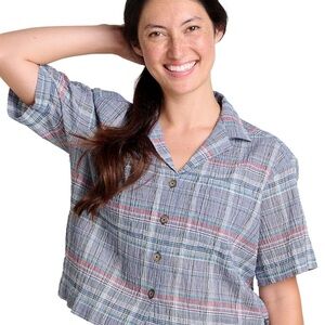 Toad & Co Fletcher Organic Cotton boxy button down. Camp collar. Plaid. EUC. Lg